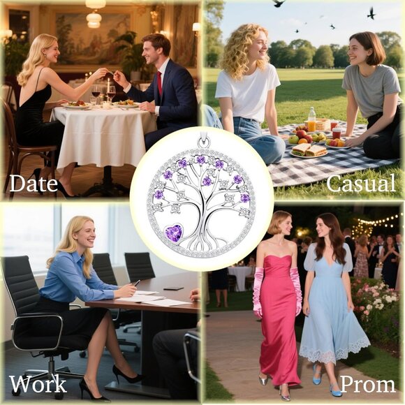 Women's Purple Sterling Pendant Charm Adjustable Chain Birthstone Tree Necklace - Picture 5 of 6